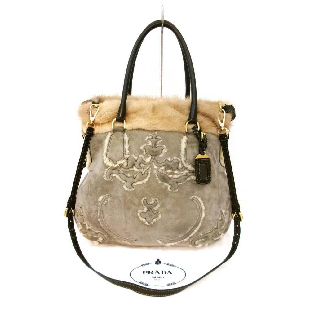 Prada Milano bag gray suede embroidery plush shearling Brown